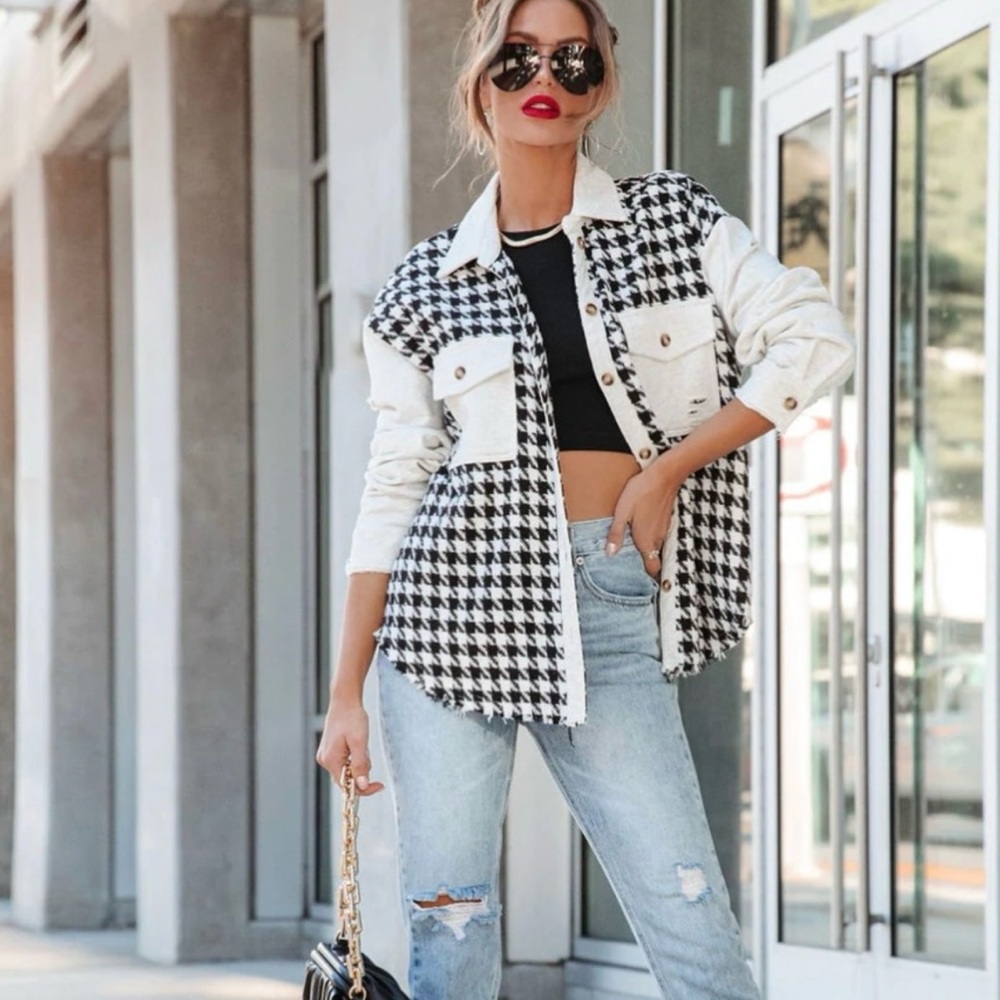 distressed houndstooth shacket XS